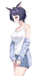 Rule 34 | 1girl, absurdres, animal ears, bare legs, black hair, blue eyes, blue shorts, breasts, earrings, highres, jewelry, large breasts, original, rabbit ears, shirt, short hair, shorts, solo, striped clothes, striped shirt, tank top, ugwa, white background, white tank top