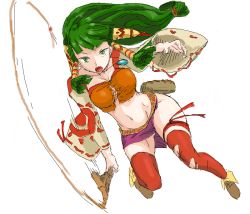 Rule 34 | 1girl, breasts, feena (grandia), from above, full body, game arts, grandia, grandia i, green hair, hair ornament, hair tubes, jewelry, large breasts, legs, long hair, low-tied long hair, microskirt, midriff, miniskirt, necklace, oekaki, red thighhighs, skirt, solo, thighhighs, thighs, torn clothes, torn thighhighs, wantsupanchi!!, weapon, whip, white background, wide sleeves