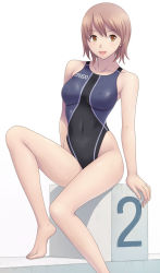Rule 34 | 1girl, bare arms, bare shoulders, barefoot, blush, breasts, brown eyes, brown hair, collarbone, competition swimsuit, covered erect nipples, feet, highleg, highleg swimsuit, kuri (kurigohan), medium breasts, one-piece swimsuit, shiny clothes, shiny skin, short hair, sitting, skin tight, smile, solo, speedo (company), swimsuit, wet, yellow eyes