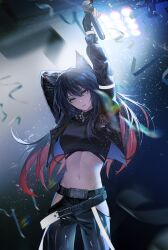 Rule 34 | 1girl, absurdres, ambience synesthesia, animal ears, arknights, arms up, black hair, black pants, black shirt, brown eyes, commentary request, crop top, head tilt, highres, hip vent, holding, holding microphone, long hair, looking at viewer, microphone, midriff, navel, official alternate costume, pants, revision, shirt, shisangeashi, solo, stomach, texas (arknights), very long hair, wolf ears