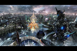 Rule 34 | armor, buddha, city, cityscape, letterboxed, mecha, no humans, original, robot, scenery, science fiction, sky, yap kun rong