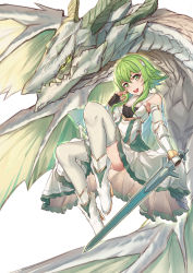 Rule 34 | 1girl, armor, bobo (6630978), breasts, chinese commentary, commentary, dragon, dress, fangs, fingerless gloves, full body, gloves, green eyes, green hair, gumi, hand on own face, highres, holding, holding sword, holding weapon, horns, knees up, looking at viewer, medium breasts, short hair with long locks, smile, sword, thighhighs, vambraces, vocaloid, weapon, white dress, white footwear, white thighhighs, wings