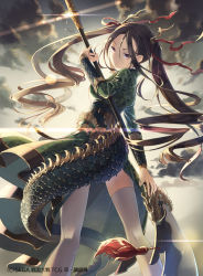 Rule 34 | 1girl, brown eyes, brown hair, cloud, company name, copyright request, dragon horns, dragon tail, glint, h2so4, horns, long hair, looking at viewer, looking back, naginata, official art, outdoors, polearm, solo, standing, tail, thighhighs, twintails, weapon