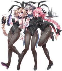 Rule 34 | 1girl, 2boys, ;d, animal ears, astolfo (fate), bare shoulders, black bow, black footwear, black headband, black jacket, black leotard, blonde hair, blue neckwear, blush, bottle, bow, bowtie, braid, breasts, brown pantyhose, bulge, closed mouth, coattails, crossdressing, cup, detached collar, fake animal ears, fake tail, fang, fate/apocrypha, fate (series), fishnet pantyhose, fishnets, full body, grey hair, hair between eyes, hair bow, hair intakes, haoro, head tilt, headband, high heels, highleg, highleg leotard, highres, holding, holding another&#039;s wrist, holding bottle, holding tray, hug, ice, ice cube, jacket, jeanne d&#039;arc (fate), jeanne d&#039;arc (ruler) (fate), large breasts, leotard, long hair, long sleeves, looking at viewer, male playboy bunny, multicolored hair, multiple boys, one eye closed, open clothes, open jacket, open mouth, orange eyes, pantyhose, pink hair, playboy bunny, purple eyes, purple neckwear, rabbit ears, rabbit tail, red neckwear, shiny clothes, sidelocks, sieg (fate), simple background, single braid, skin fang, smile, standing, standing on one leg, strapless, strapless leotard, streaked hair, sweatdrop, tail, tongs, trap, tray, very long hair, white background, white hair, wine bottle, wrist cuffs