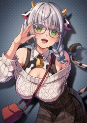 Rule 34 | 1girl, absurdres, animal ears, animal print, arm behind back, bare shoulders, bell, blush, braid, breasts, brown skirt, chameleon (chameleon0613), cleavage, cow ears, cow horns, cow print, cow tail, glasses, green eyes, grey hair, highres, hololive, horns, large breasts, long hair, looking at viewer, neck bell, off-shoulder sweater, off shoulder, official alternate costume, open mouth, plaid, plaid skirt, shirogane noel, shirogane noel (casual), skirt, smile, solo, sweater, tail, virtual youtuber