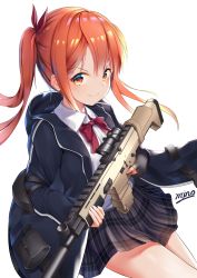 Rule 34 | 1girl, absurdres, assault rifle, bow, chinese commentary, commentary request, elbow pads, finger on trigger, fn scar, gloves, gun, hair bow, highres, holding, holding gun, holding weapon, hood, hoodie, minoominoomi, orange eyes, orange hair, original, partially fingerless gloves, plaid, plaid skirt, rifle, school uniform, single glove, skirt, solo, twintails, v-shaped eyebrows, weapon, white background