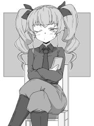 Rule 34 | 1girl, absurdres, anchovy (girls und panzer), anzio military uniform, blush, book, boots, closed eyes, closed mouth, commentary, crossed arms, crossed legs, dress shirt, drill hair, embarrassed, frown, girls und panzer, greyscale, hair ribbon, half-closed eye, highres, holding, holding book, knee boots, long hair, long sleeves, looking at viewer, military, military uniform, monochrome, necktie, no jacket, on chair, pants, pants tucked in, renshiu, ribbon, shirt, sitting, solo, twin drills, twintails, uniform, wing collar