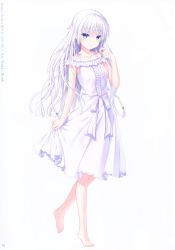 Rule 34 | 1girl, absurdres, barefoot, blue eyes, closed mouth, collarbone, copyright name, dress, full body, hair between eyes, highres, long hair, na-ga, naruse shiroha, page number, ribbon, silver hair, simple background, sleeveless, sleeveless dress, solo, standing, summer pockets, sundress, very long hair, white background, white dress, white ribbon