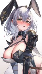 Rule 34 | 1girl, absurdres, animal ears, blush, braid, breasts, chest belt, chest guard, chest strap, cleavage, gloves, green eyes, grey hair, hair between eyes, highres, hololive, large breasts, looking at viewer, medium hair, mole, mole on breast, open mouth, rum raisin (chihiromakita19), shirogane noel, shirogane noel (1st costume), solo, virtual youtuber, wavy hair