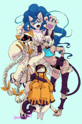 Rule 34 | 1boy, 3girls, animal ears, bare shoulders, belt, blazblue, blue background, blue eyes, blue hair, cat, cat ears, cat tail, claws, eyepatch, fang, fang out, felicia (vampire), fingernails, fur, grey hair, hair ribbon, highres, jubei (blazblue), ms. fortune (skullgirls), multiple girls, paw pose, red eyes, ribbon, sharp fingernails, sharp teeth, simple background, skullgirls, slit pupils, smirkingcat, standing, sword, tail, taokaka, teeth, trait connection, vampire (game), weapon, weapon on back, whiskers, yellow eyes, yellow ribbon