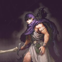 Rule 34 | 1boy, ancient greek clothes, black hair, blue eyes, cape, chiton, dragon quest, dragon quest v, hero (dq5), highres, holding, holding sword, holding weapon, jun (navigavi), male focus, manly, solo, square enix, sword, turban, weapon