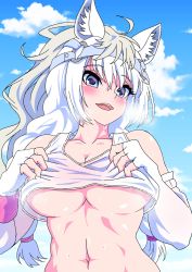 Rule 34 | 1girl, ahoge, animal ear fluff, animal ears, armband, bare shoulders, blue eyes, blue sky, blush, breasts, breath, cleavage, cloud, collarbone, day, detached sleeves, elbow gloves, female focus, fingerless gloves, gloves, hair ornament, headgear, highres, horse ears, horse girl, kemono friends, large breasts, long hair, looking at viewer, mamiyama, midriff, navel, no bra, open mouth, outdoors, shiny skin, shirt, sky, smile, sweat, sweatdrop, tank top, teeth, toned, tongue, twintails, underboob, undressing, upper body, upper teeth only, white gloves, white hair, white shirt, white thoroughbred (kemono friends)