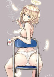 Rule 34 | 1girl, alice margatroid, angel, ass, blonde hair, blue eyes, breasts, butt crack, censored, chair, cigarette, cigarette pack, commentary, convenient censoring, dated, feathers, from behind, halo, looking back, n shima, nabeshima tetsuhiro, no wings, panties, scar, short hair, sketch, small breasts, smoke, smoking, solo, topless, touhou, underwear, white panties