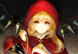 Rule 34 | 1girl, alcohol, alternate costume, ascot, bad id, bad pixiv id, basket, blonde hair, bottle, cape, commentary, cosplay, flandre scarlet, holding, hood, keiko (mitakarawa), little red riding hood, little red riding hood (grimm), little red riding hood (grimm) (cosplay), looking at viewer, skull, smile, solo, touhou, upper body, wine, wine bottle, wings, yellow eyes