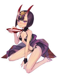 Rule 34 | 1girl, bare legs, barefoot, blush, breasts, closed mouth, commentary request, cup, eyeshadow, fate/grand order, fate (series), fingernails, full body, headpiece, holding, horns, kneeling, looking at viewer, makeup, purple eyes, purple hair, revealing clothes, sakazuki, shuten douji (fate), shuten douji (first ascension) (fate), simple background, skin-covered horns, small breasts, solo, sookmo, unworn kimono, white background