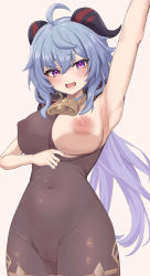 Rule 34 | 1girl, ahoge, arm up, armpits, bell, black pantyhose, blue hair, blush, bodystocking, bodysuit, breasts, cameltoe, cleft of venus, clothes pull, covered erect nipples, covered navel, cowboy shot, ganyu (genshin impact), genshin impact, groin, highres, horns, large breasts, legs together, long hair, looking at viewer, low ponytail, neck bell, nito (nito), one breast out, pantyhose, pulled by self, purple eyes, see-through, sidelocks, solo, standing, thighlet, thighs, wavy mouth