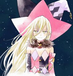Rule 34 | 1girl, bare shoulders, black dress, blonde hair, blue background, closed mouth, detached sleeves, dress, enoki kino, flat chest, hat, jester cap, light smile, long bangs, long hair, magilou (tales), pink dress, pointy ears, solo, tales of (series), tales of berseria, two-tone dress, upper body, very long hair, yellow eyes
