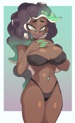 Rule 34 | 1girl, bare shoulders, bikini, black bikini, blush, border, breasts, collarbone, dark-skinned female, dark skin, glowing, green eyes, green hair, hand on own chest, highres, inkerton-kun, large breasts, long hair, marina (splatoon), mole, mole under mouth, multicolored background, multicolored hair, navel, navel piercing, nintendo, octoling, open mouth, own hands together, parted lips, piercing, pink pupils, purple hair, skindentation, smile, solo, splatoon (series), splatoon 2, suction cups, swimsuit, teeth, tentacle hair, thick thighs, thighs, wavy mouth, white border