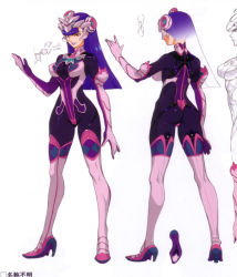 Rule 34 | ass, bodysuit, boots, breasts, concept art, elbow gloves, gloves, headgear, high heels, highres, knee boots, legs, lips, lipstick, long hair, long legs, makeup, monochrome, persephone (wild arms 5), purple hair, purple lips, red eyes, skin tight, smile, thigh boots, thighhighs, wild arms, wild arms 5