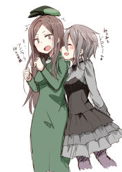 Rule 34 | 2girls, :d, ^^^, ange (princess principal), arms behind back, black dress, black neckwear, blush, bow, bowtie, brown hair, closed eyes, dorothy (princess principal), dress, green dress, grey hair, hair between eyes, hands up, head tilt, long hair, long sleeves, looking at another, multicolored clothes, multicolored dress, multiple girls, open mouth, pantyhose, parted bangs, piripun, princess principal, profile, purple legwear, simple background, smile, translated, very long hair, white background