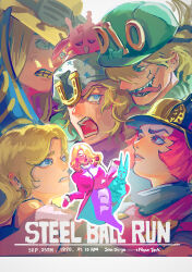 2girls 3boys absurdres blonde_hair blue_eyes copyright_name curly_hair diego_brando dinosaur_tail funny_valentine glasgow_smile green_eyes grills gyro_zeppeli hat highres hot_pants_(sbr) johnny_joestar jojo_no_kimyou_na_bouken long_hair lucy_steel male_focus multiple_boys multiple_girls open_mouth pink_hair red_eyes red_hair scary_monsters_(stand) short_hair stand_(jojo) steel_ball_run sweatdrop tail teardrop tongue tongue_out tusk_act1 uu0000322