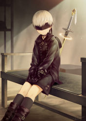 Rule 34 | 1boy, black gloves, blindfold, boots, choker, double-breasted, gloves, long sleeves, male focus, nier (series), nier:automata, noeyebrow (mauve), shorts, silver hair, sitting, sword, weapon, 9s (nier:automata)