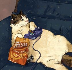 Rule 34 | animal focus, bag, blue background, cable, cat, catwheezie, closed mouth, controller, couch, fritos, game controller, gamecube controller, green eyes, holding, holding controller, holding game controller, lying, no humans, on back, on couch, original, plastic bag, playing games, solo