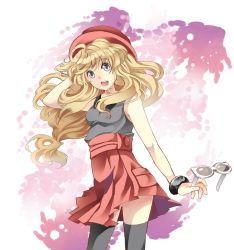 Rule 34 | 10s, 1girl, black shirt, black thighhighs, blonde hair, blue eyes, bracelet, breasts, creatures (company), female focus, game freak, hat, holding, jewelry, long hair, looking at viewer, miniskirt, nintendo, open mouth, pleated skirt, pokemon, pokemon xy, red skirt, serena (pokemon), shirt, skirt, sleeveless, sleeveless shirt, solo, sunglasses, thighhighs, unworn eyewear, wind
