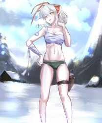 Rule 34 | 1girl, arknights, bandaged arm, bandages, bare legs, breasts, chest sarashi, cleavage, commentary request, feet out of frame, green panties, hand on own hip, hand up, head tilt, highres, holster, horns, korean commentary, looking at viewer, midriff, navel, open mouth, outdoors, panties, sarashi, short hair, silver hair, single strap, small breasts, solo, standing, stomach, strapless, susape, thigh holster, thigh strap, thighs, tube top, underwear, w (arknights), yellow eyes