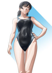 Rule 34 | 1girl, amagami, bad id, bad pixiv id, black hair, brown eyes, competition swimsuit, covered navel, from below, hand on own hip, looking at viewer, one-piece swimsuit, osomatu-sama, simple background, solo, swimsuit, tsukahara hibiki
