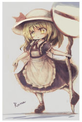 Rule 34 | 1girl, apron, blonde hair, blue shirt, blue skirt, blush, character name, collared shirt, commentary request, frilled apron, frilled skirt, frills, full body, grey background, hat, highres, holding, kana anaberal, kouba, looking at viewer, medium hair, open mouth, puffy short sleeves, puffy sleeves, road sign, shirt, short sleeves, sign, simple background, skirt, solo, touhou, waist apron, white apron, white hat, yellow eyes