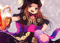 Rule 34 | 1girl, bad id, bad twitter id, black gloves, brown hair, chacha (fate), dress, fate/grand order, fate (series), gloves, grey background, hand on own hip, hat, iduhara jugo, long hair, looking at viewer, obi, open mouth, pom pom (clothes), rope, sash, simple background, upper body