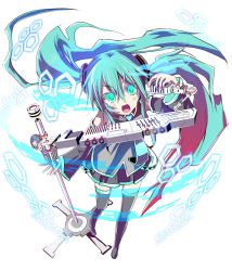 Rule 34 | 1girl, aqua eyes, aqua hair, detached sleeves, female focus, foreshortening, full body, hatsune miku, kuroneko no toorimichi, long hair, microphone, necktie, open mouth, skirt, solo, thighhighs, twintails, very long hair, vocaloid, white background