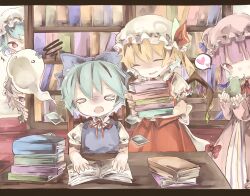 Rule 34 | 5girls, animal, animal on hand, aqua hair, back bow, blonde hair, blue bow, blue dress, blue hair, book, book stack, bookshelf, bow, braid, chigu, cirno, closed mouth, collared shirt, detached wings, dress, exhausted, facing another, flandre scarlet, frilled shirt collar, frilled sleeves, frills, frog, grey hair, hair bow, hat, hat ribbon, heart, highres, holding, holding animal, indoors, izayoi sakuya, large bow, looking at another, maid headdress, mob cap, multicolored wings, multiple girls, neck ribbon, open book, patchouli knowledge, pinafore dress, pink dress, pink headwear, puffy short sleeves, puffy sleeves, purple eyes, purple hair, red carpet, red eyes, red ribbon, red skirt, red vest, remilia scarlet, ribbon, ribbon-trimmed headwear, ribbon trim, shirt, short sleeves, skirt, skirt set, sleeve ribbon, sleeveless, sleeveless dress, spoken heart, striped clothes, striped dress, table, touhou, vertical-striped clothes, vertical-striped dress, vest, white bow, white headwear, white shirt, wings, wooden chair, wooden table