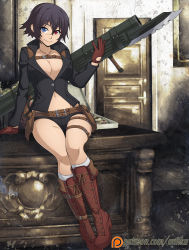 Rule 34 | 1girl, alternate color, bayonet, belt, black hair, boots, breasts, chuunioniika, cleavage, devil may cry, devil may cry (series), devil may cry 4, gloves, gun, heterochromia, highres, jewelry, kneehighs, lady (devil may cry), looking at viewer, midriff, navel, necklace, no bra, open clothes, scar, short hair, short shorts, shorts, sitting, socks, solo, weapon