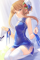Rule 34 | 1girl, bare shoulders, blue dress, blue ribbon, blush, breasts, brown eyes, brown hair, chinese clothes, covered navel, dress, flower, hair flower, hair ornament, highres, holding, ina (inadahime), looking at viewer, medium breasts, original, ribbon, seiza, shoes, unworn shoes, sidelocks, sitting, sleeveless, solo, thighhighs, white thighhighs