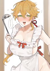 Rule 34 | 1girl, apron, blonde hair, blurry, blurry background, blush, breasts, commentary request, genderswap, genderswap (mtf), genshin impact, green eyes, hair between eyes, highres, holding, holding ladle, ladle, large breasts, long hair, looking at viewer, naked apron, open mouth, ponytail, ribbon, simple background, smile, solo, sweat, sweatdrop, tabibitowayo, teeth, thoma (genshin impact), tongue, upper teeth only, white background