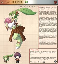 Rule 34 | 1boy, 1girl, ahoge, bare shoulders, bow, brown skirt, character name, character profile, chikorita, colored skin, commentary, creatures (company), english commentary, english text, full body, game freak, gen 2 pokemon, green hair, green skin, hair between eyes, hair bow, highres, japanese clothes, kimono, kinkymation, leaves, monster girl, nintendo, open mouth, personification, poke ball, poke ball (basic), pokemon, ponytail, purple hair, red eyes, skirt, smile