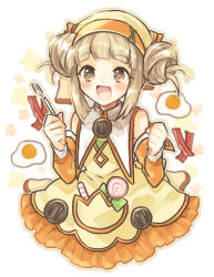 Rule 34 | 1girl, :d, bacon, blonde hair, blunt bangs, bread slice, brown eyes, candy, chocolat (rune factory), clenched hands, commentary request, cropped legs, detached sleeves, double bun, dress, food, fork, fried egg, hair bun, hands up, headdress, holding, holding fork, lollipop, looking at viewer, mikan tabetai, open mouth, pocket, rune factory, rune factory 3, smile, solo, swirl lollipop, toast, white background, yellow dress