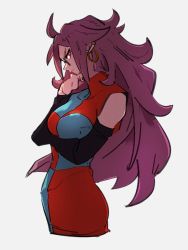 Rule 34 | 1girl, android 21, breasts, checkered clothes, checkered dress, dragon ball, dragon ball fighterz, dress, earrings, glasses, grey background, hoop earrings, jewelry, kemachiku, long hair, looking at viewer, medium breasts, profile, red eyes, red hair, solo