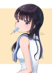 Rule 34 | 1girl, absurdres, after bathing, bare arms, black hair, blush, food, from behind, highres, inoue takina, konatsu miki, looking at viewer, looking back, lycoris recoil, medium hair, popsicle, purple eyes, solo, tank top, upper body