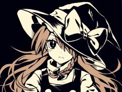 Rule 34 | 1girl, black background, black bow, black hat, black vest, blonde hair, bow, braid, commentary request, diamond-shaped pupils, diamond (shape), earrings, hair bow, hair over one eye, hat, hat bow, jewelry, kirisame marisa, kyouda suzuka, limited palette, long hair, looking at viewer, portrait, shirt, simple background, single braid, solo, star (symbol), star earrings, symbol-shaped pupils, touhou, turtleneck, vest, white shirt, witch hat