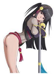 Rule 34 | 1girl, ass, beads, bent over, black eyes, black hair, bodystocking, bracelet, breasts, cowboy shot, fire emblem, fire emblem fates, fire emblem heroes, flag, flagpole, hairband, highres, impossible clothes, jewelry, kogamon, large breasts, leaning forward, leaning on object, lips, long hair, looking at viewer, nintendo, rhajat (fire emblem), short twintails, simple background, skin tight, smile, solo, standing, tassel, thighs, twintails, two side up, white background