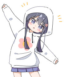Rule 34 | 1girl, :o, black hair, blue skirt, blush stickers, commentary request, drawstring, flower, hair between eyes, hair flower, hair ornament, highres, hood, hood up, hoodie, kapuru 0410, long sleeves, looking at viewer, notice lines, outstretched arms, parted lips, pinching sleeves, pink flower, pleated skirt, puffy long sleeves, puffy sleeves, purple eyes, shirosaki hana, sidelocks, simple background, skirt, sleeves past wrists, solo, spread arms, watashi ni tenshi ga maiorita!, white background, white hoodie