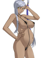 Rule 34 | 1girl, breasts, code geass, dark-skinned female, dark nipples, dark skin, female focus, female pubic hair, hand on own hip, hip focus, invide, large breasts, long hair, nipples, pregnant, pubic hair, silver hair, slingshot swimsuit, solo, standing, swimsuit, villetta nu, white background, yellow eyes