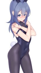 Rule 34 | 1girl, aged down, alternate breast size, animal ears, azur lane, black leotard, black pantyhose, blue eyes, blue hair, blush, closed mouth, collarbone, commentary request, covered collarbone, covered navel, crossed arms, fake animal ears, hair between eyes, hands up, highres, jilu, leotard, long hair, looking at viewer, new jersey (azur lane), new jersey (exhilarating steps!) (azur lane), nose blush, official alternate costume, pantyhose, playboy bunny, rabbit ears, rabbit tail, simple background, solo, tail, white background