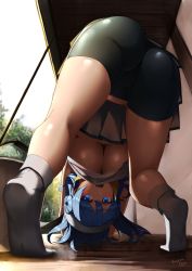 Rule 34 | 1girl, all fours, ass, bike shorts, blue eyes, blue hair, blue ribbon, blush, breasts, bucket, commentary request, double bun, from behind, from below, gluteal fold, hair bun, hat, hat ribbon, highres, kantai collection, large breasts, legs, long hair, looking at viewer, neckerchief, open mouth, pleated skirt, ribbon, sailor hat, school uniform, serafuku, skirt, sleeves rolled up, socks, solo, thighs, underboob, urakaze (kancolle), white socks, yuusakura kyouta
