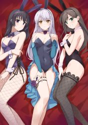 Rule 34 | 3girls, absurdres, animal ears, bang dream!, bare legs, bed sheet, black bow, black bowtie, black hairband, black leotard, blue sleeves, bow, bowtie, breasts, brown eyes, brown hair, cleavage, closed mouth, collarbone, commission, covered navel, detached collar, detached sleeves, fake animal ears, fishnet pantyhose, fishnet thighhighs, fishnets, flower, from above, green eyes, grin, hairband, hanazono tae, highres, leotard, long hair, long sleeves, looking at viewer, lying, medium breasts, minato yukina, multiple girls, on back, on side, pantyhose, pixiv commission, playboy bunny, purple bow, purple bowtie, purple flower, purple hairband, purple leotard, rabbit ears, shirokane rinko, smile, strapless, strapless leotard, thigh strap, thighhighs, very long hair, white hair, wrist cuffs, yanagi marie, yellow eyes