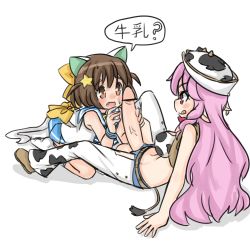 Rule 34 | 10s, 1futa, 1girl, :q, animal ears, animal print, blush, brown hair, cat ears, cow print, erection, etotama, futa with female, futanari, hat, heart, heart-shaped pupils, large penis, long hair, moo-tan, nyaa-tan, open mouth, penis, pink eyes, pink hair, pointy ears, rori (4chan), short hair, simple background, symbol-shaped pupils, tail, testicles, tongue, tongue out, translation request