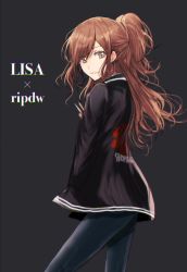 Rule 34 | 1girl, accessories, bang dream!, black background, blush, brown hair, character name, closed mouth, clothes writing, denim, earrings, from side, green eyes, hair between eyes, half updo, highres, imai lisa, jacket, jeans, jewelry, long hair, pants, ponytail, raikou104, simple background, solo, v